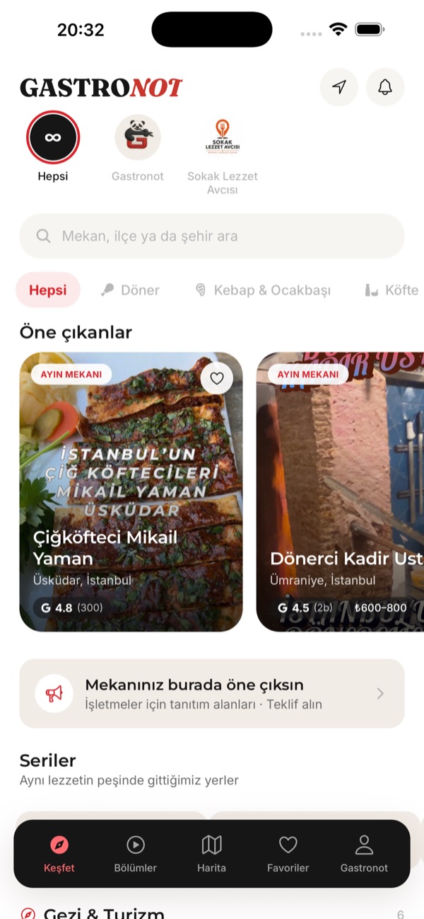 Gastronot uygulaması Keşfet ekranı